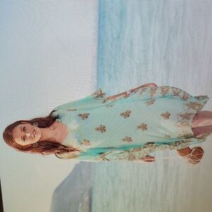 WANDERLUST Midi Caftan Kimono by SUNDANCE. Small. Mint,coral, gold.